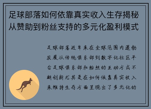 足球部落如何依靠真实收入生存揭秘从赞助到粉丝支持的多元化盈利模式